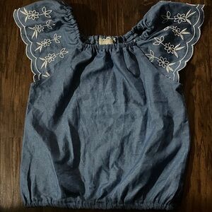 btween Denim Blue Top with Floral Embroidery